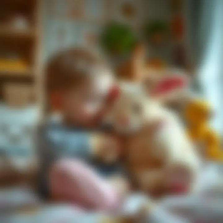 Child playing with a bunny plush toy in a cozy room
