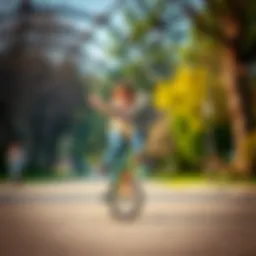 A child practicing balance on a unicycle in a park setting