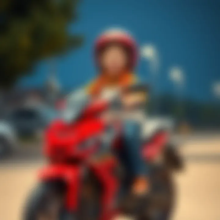 Joy of Riding a Red Electric Motorcycle A cheerful child enjoying riding a red electric motorcycle.