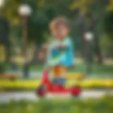 Joy of Riding: A Child's Adventure on a Scooter A child enjoying a ride on a two-wheel scooter in a park