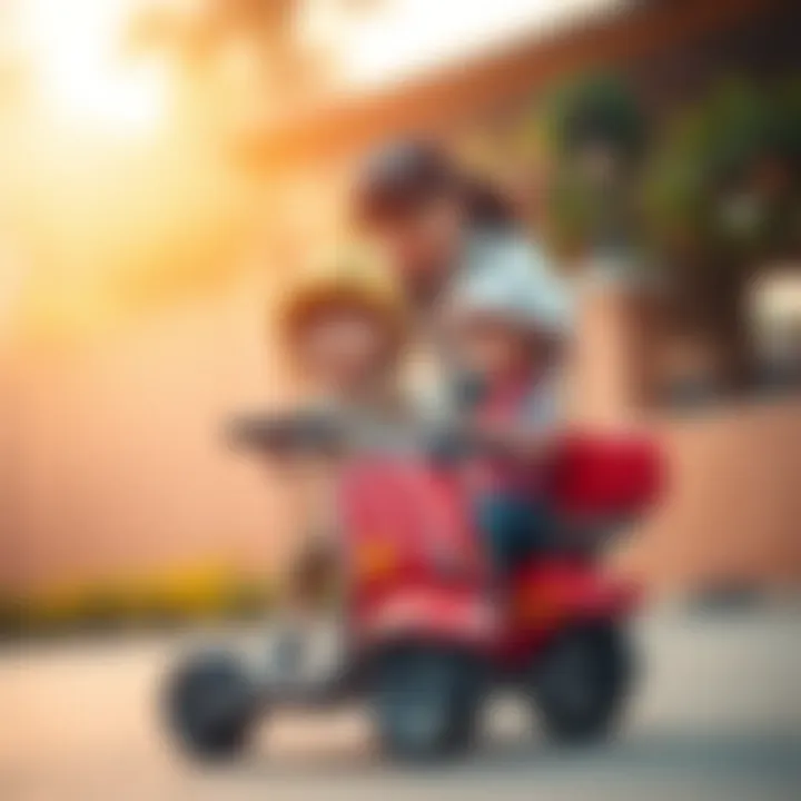 A parent teaching a child how to ride a scooter