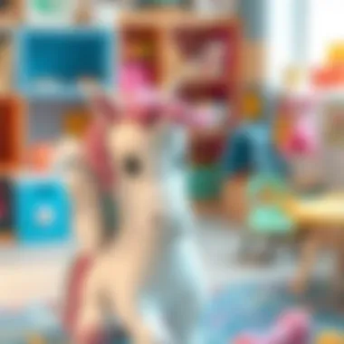 Unicorn plush toy in a colorful playroom