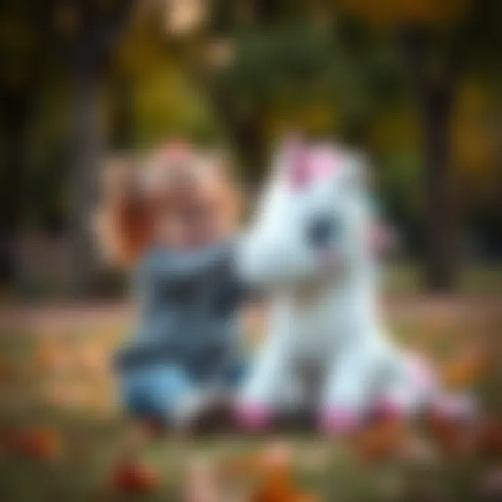 Joyful Playtime with Unicorn Plush Toy Child playing with a unicorn plush toy in the park