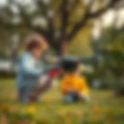 Children flying a remote-controlled drone in a park