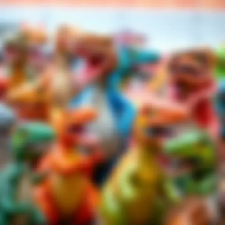 An array of different dinosaur costumes displayed together, illustrating the variety available.