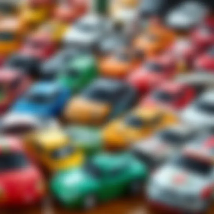 Diverse Collection of Toy Cars A close-up of various toy car types arranged neatly
